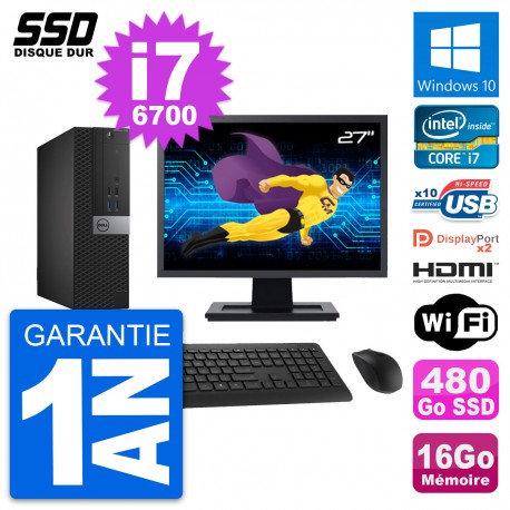 PC Dell 7040 SFF Ecran 27" Core i7-6700 RAM 16Go SSD 480Go HDMI Windows 10 Wifi