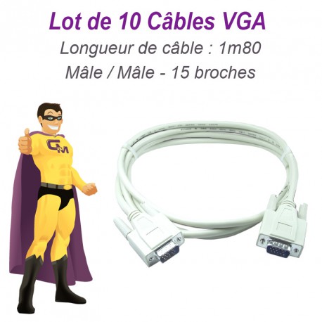 Lot x10 Câbles VGA SUB-D 15 broches Mâle-Mâle 1m80 Ecran PC Vidéoprojecteur NEUF